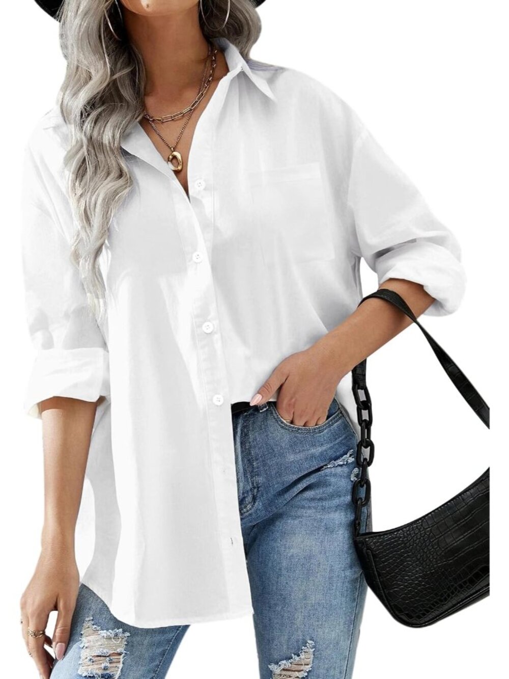 Women Oversized Button Down Shirts Long Sleeve Blouses with Pocket